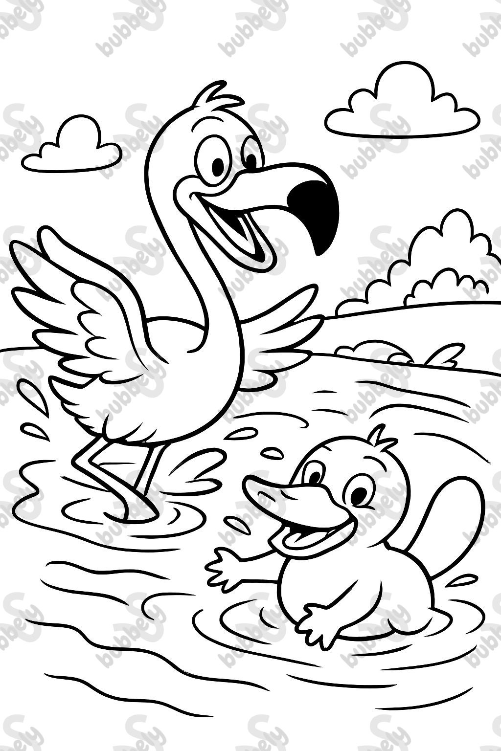 Flamingo schwimmt mit dem Schnabeltier Flamingo schwimmt mit dem Schnabeltier