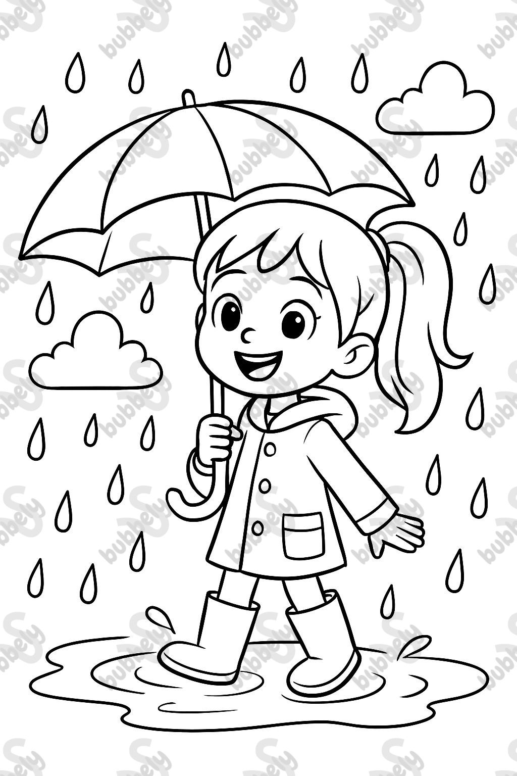 6 year old girl with a ponytail holding an umbrella in the rain, standing in a rain puddle with rainboots and a raincoat. 6 year old girl with a ponytail holding an umbrella in the rain, standing in a rain puddle with rainboots and a raincoat.