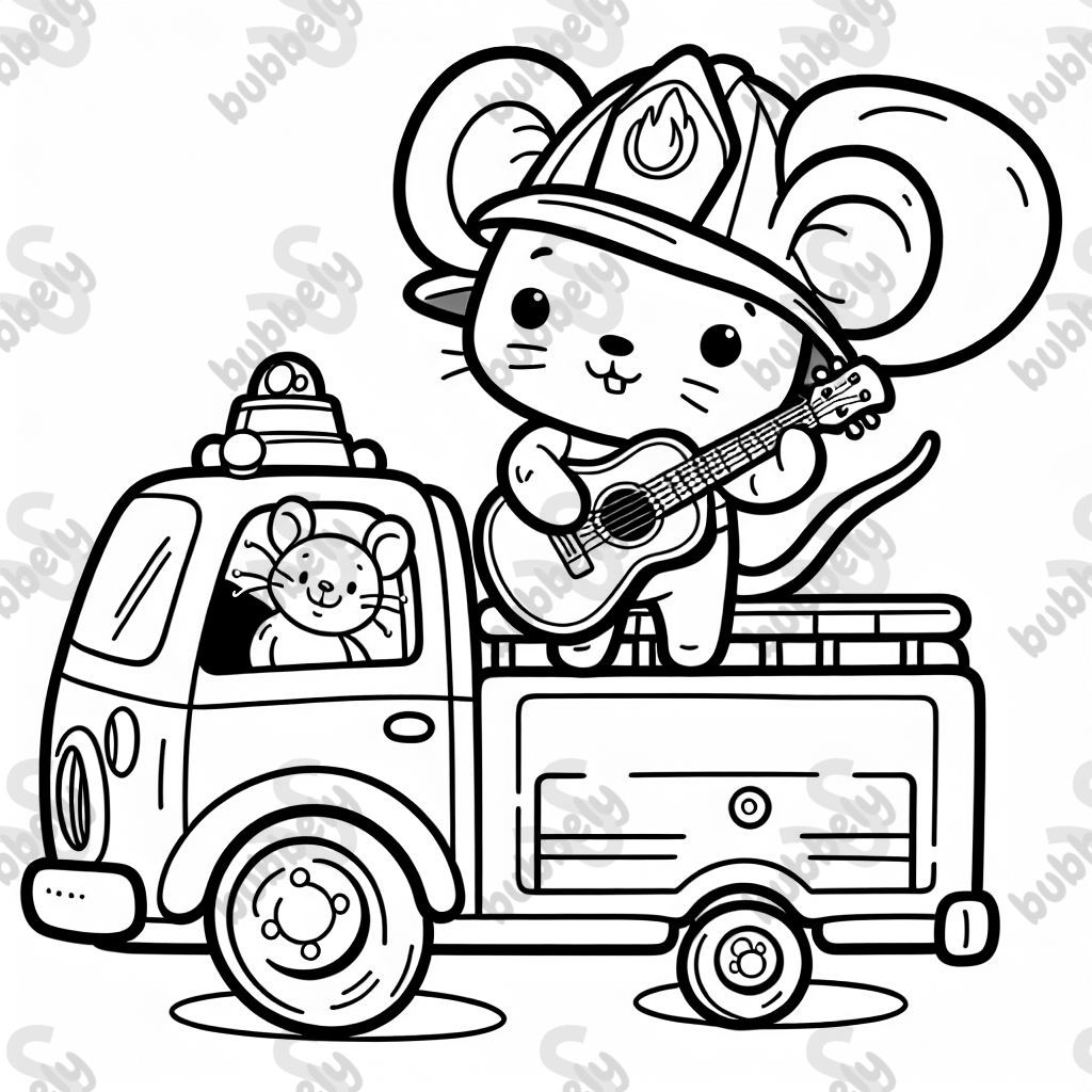 eine Maus mit Feuerwehrautospielzeug und Gitarre in der Hand