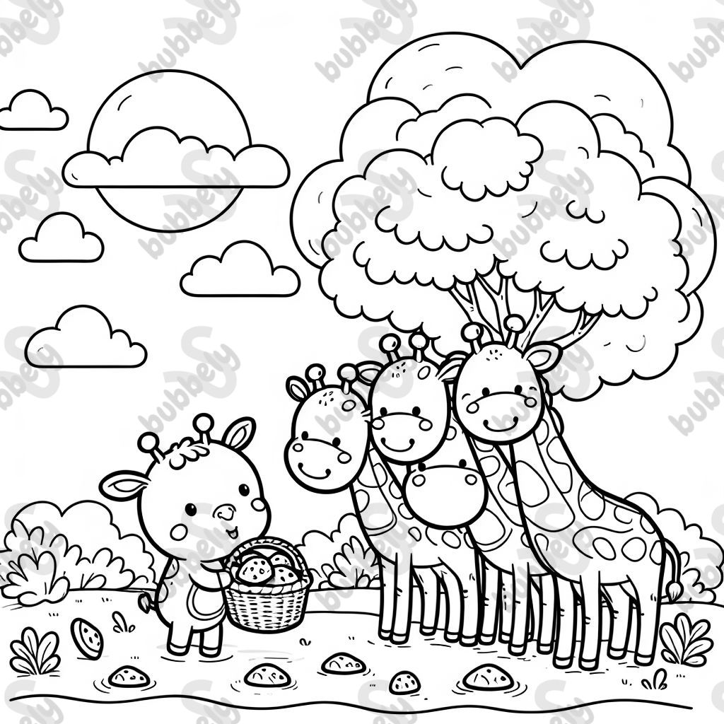 A little giraffe, eating cookies with four big giraffes.