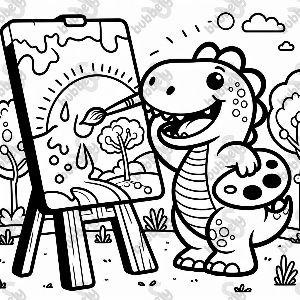 A dinosaur painting a canvas