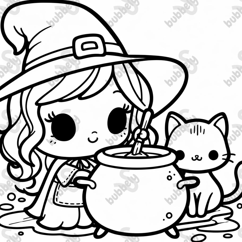 A witch making a potion in a cauldron with a cat