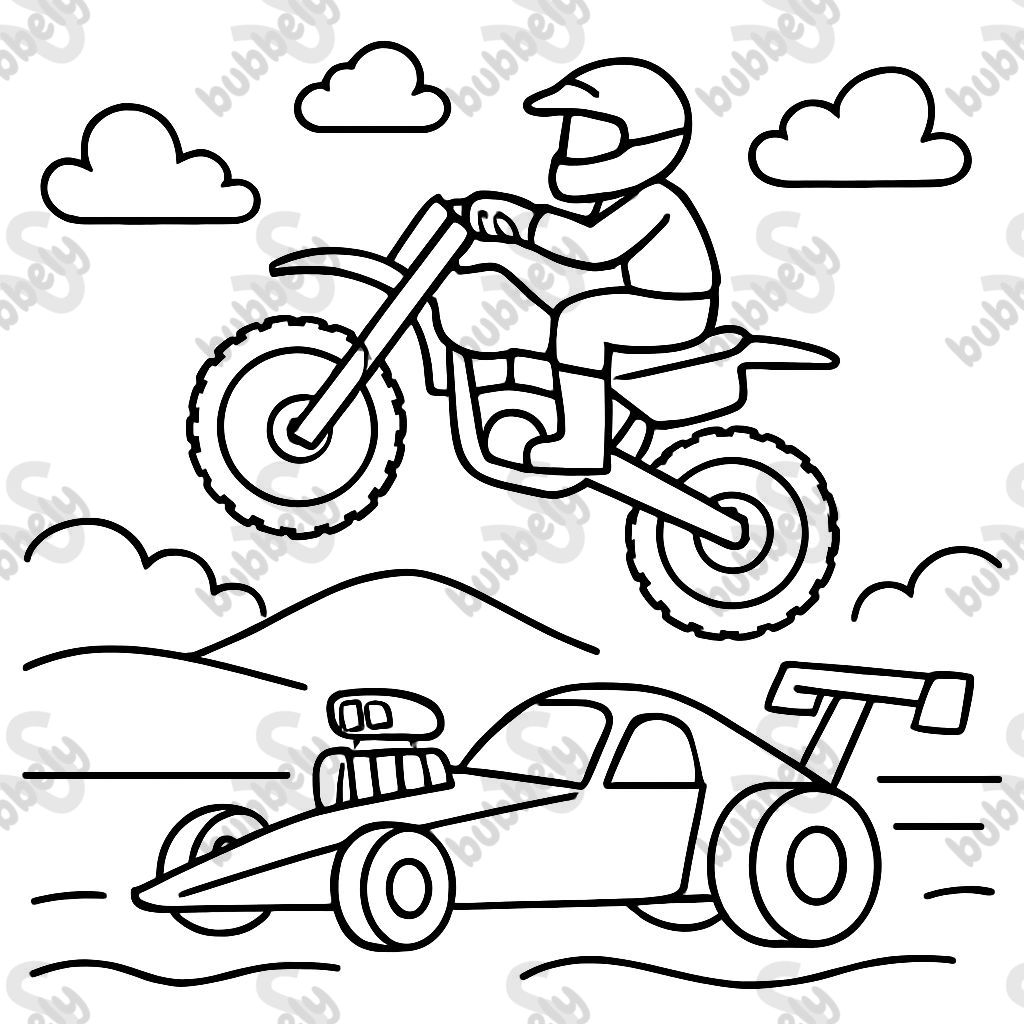 A motocross motorcycle jumping over the path of a drag race car