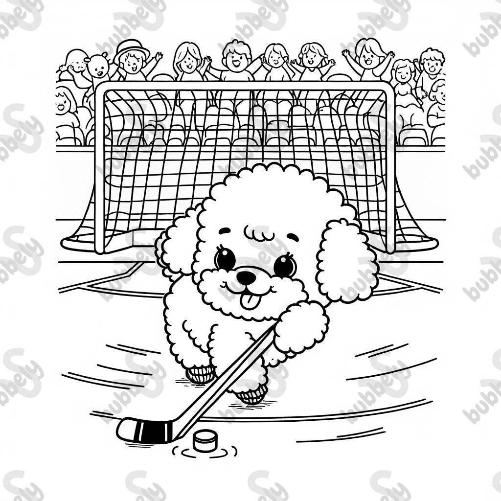 a bichon poodle puppy playing hockey