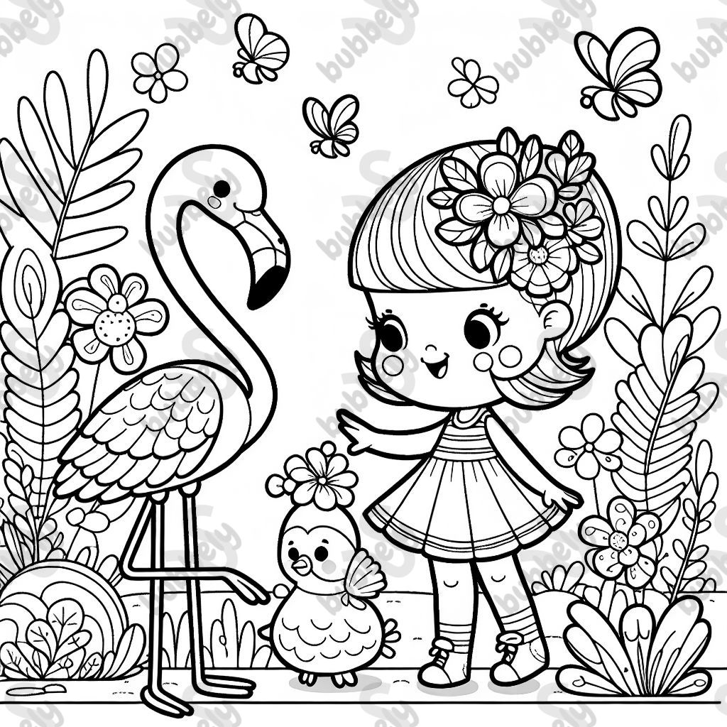 A little girl with a flamingo.