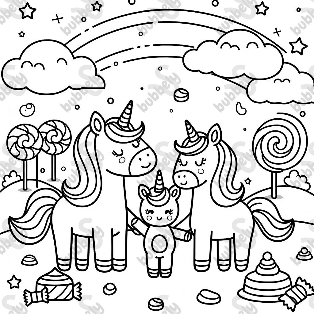 eine Einhornfamilie im Süßigkeitenland