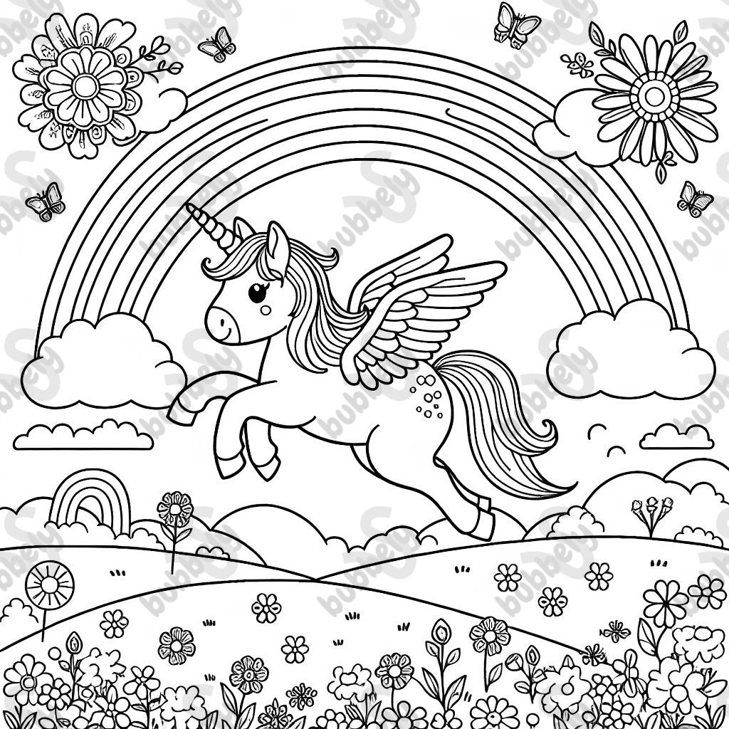 Unicorn with wings under a rainbow with flowers
