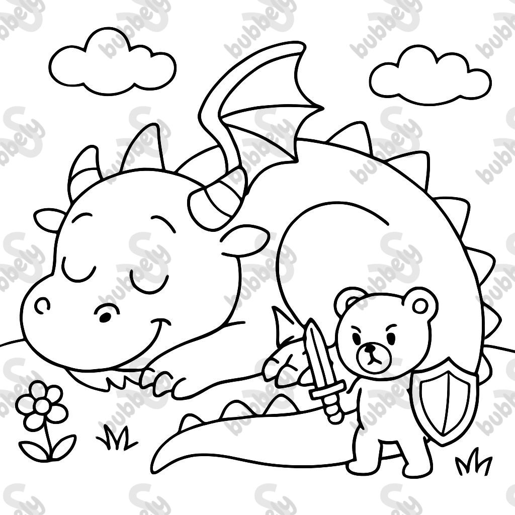 A dragon with a tiny teddy bear acting as his defender whilst he sleeps.