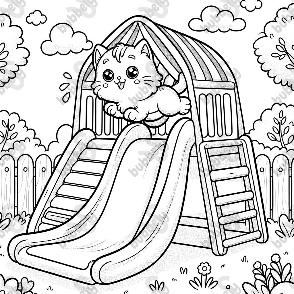 un chat sur un château gonflable qui glisse sur un toboggan un chat sur un château gonflable qui glisse sur un toboggan