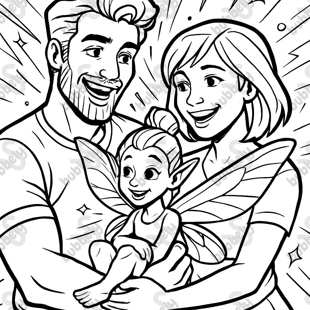 un jeune couple, composé d'un homme avec des cheveux pleins et une barbe et d'une femme avec des cheveux mi-longs. Les deux tiennent une petite fée dans les bras. Ils se sourient tous.