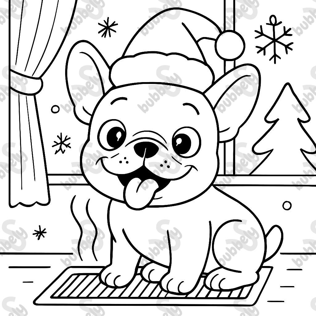 un bulldog français avec un chapeau de Noël assis sur un radiateur