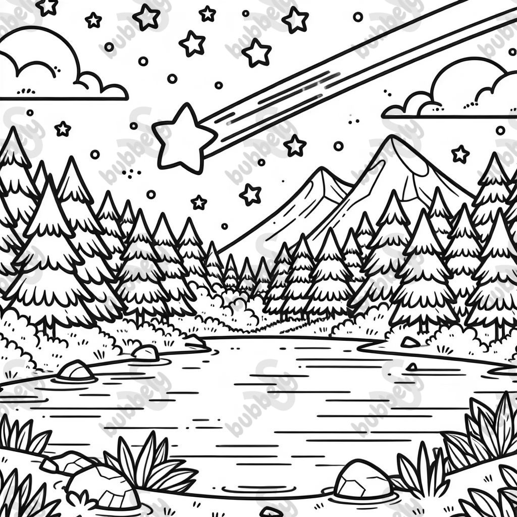 a shooting star over a lake and forest