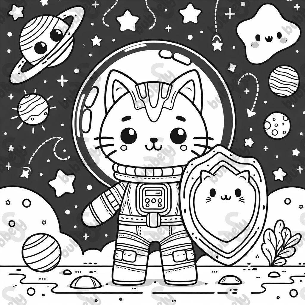 eine süße Weltraumkatze mit einem Schild