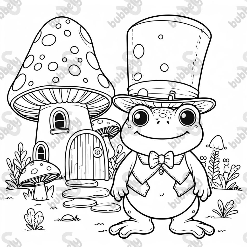 a toad wearing a top hat in front of a mushroom house