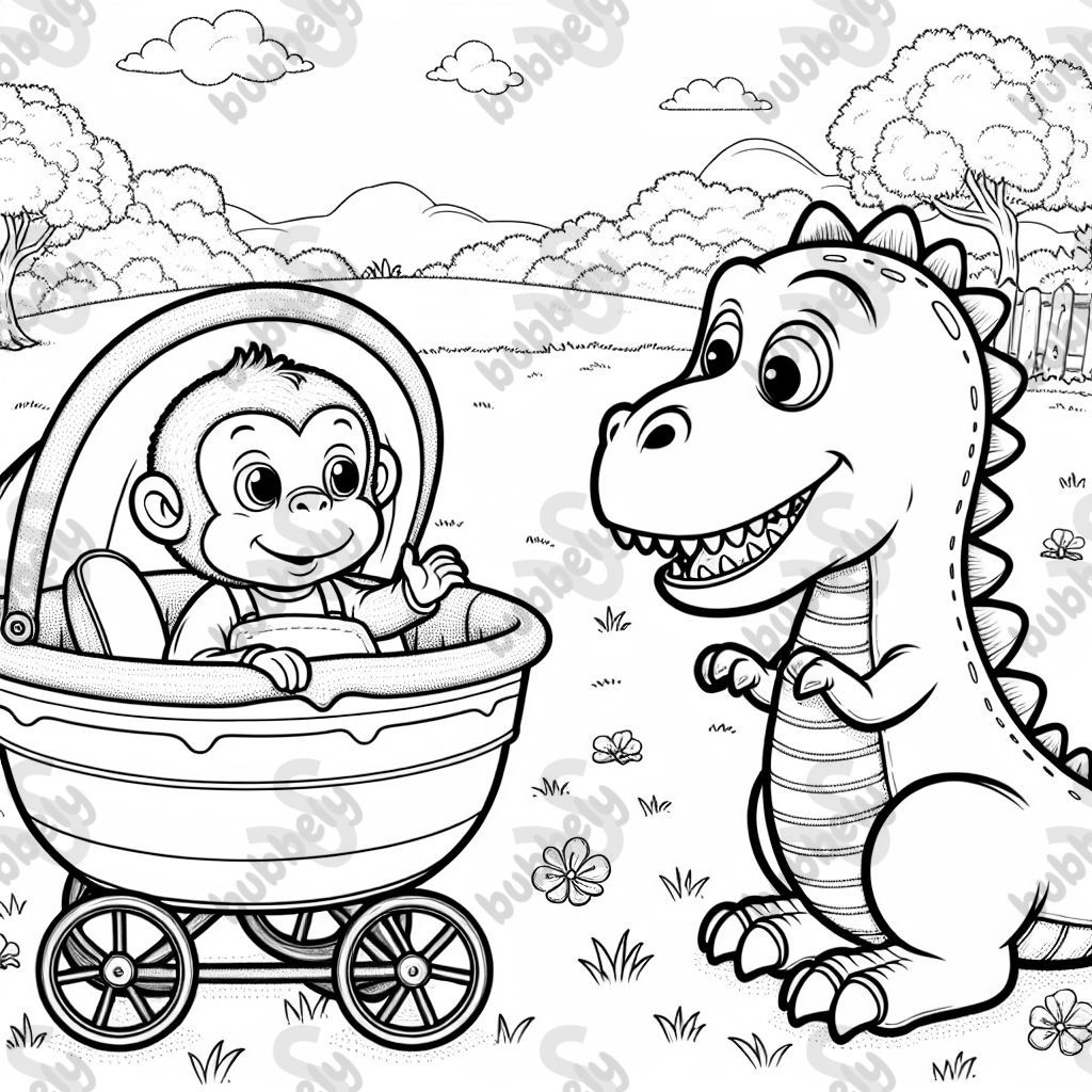 monkey in a baby basinet and a dinosaur