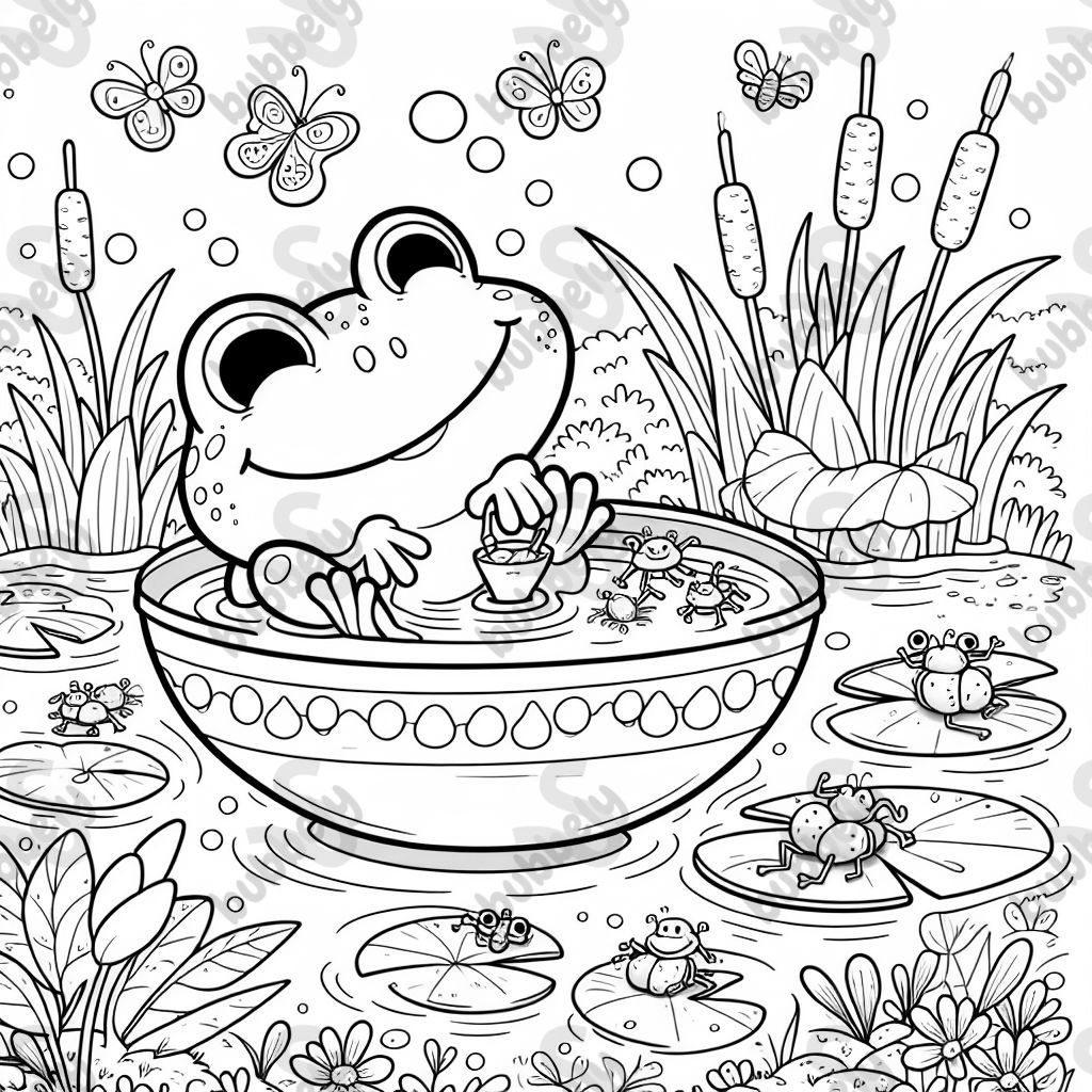 A frog in a pond with a bowl of insects