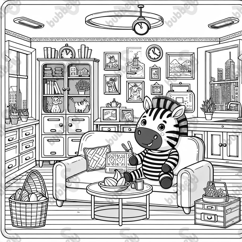 Ein Zebra in einer Wohnung mit schränken und bildern