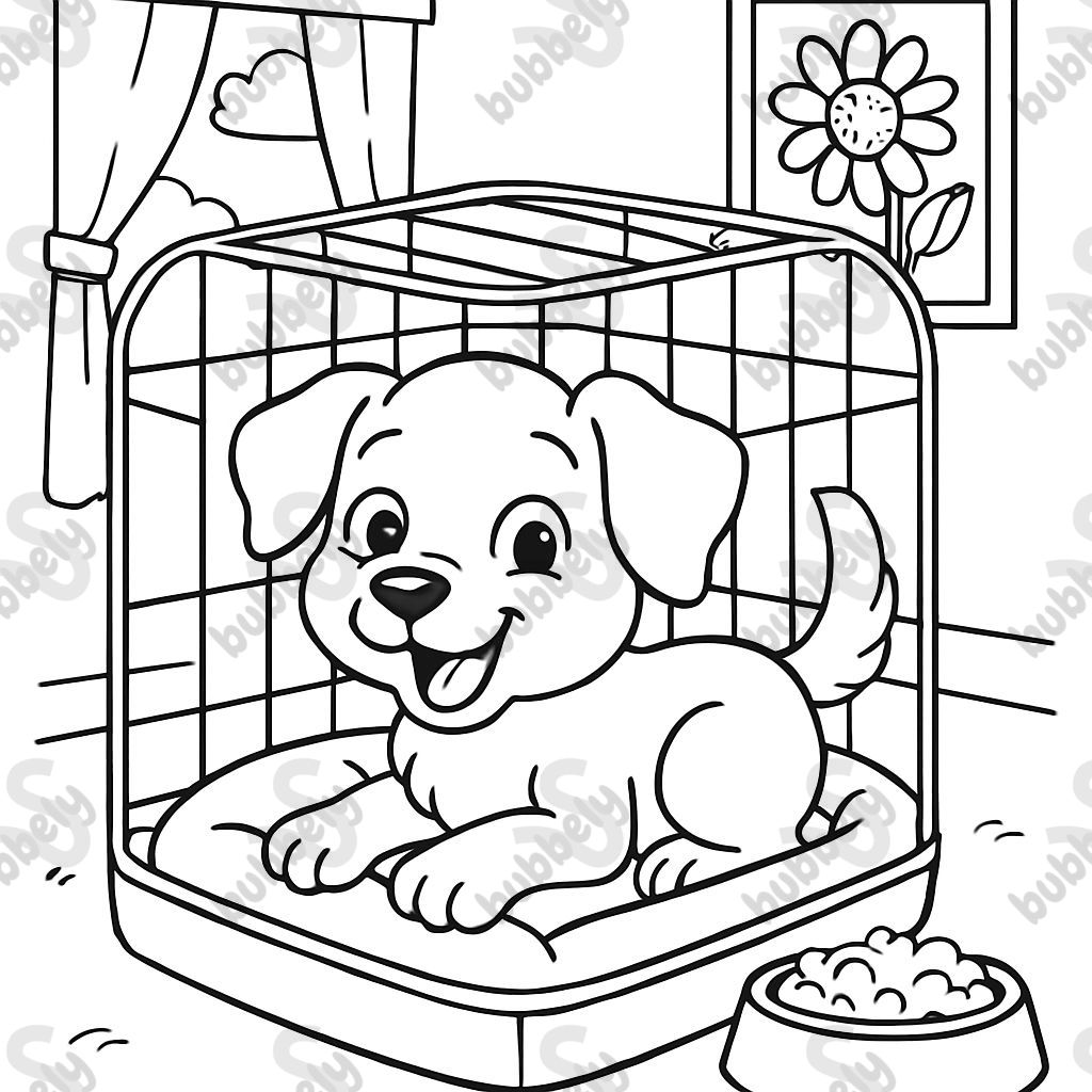 a puppy dog in a cage in a bed with food