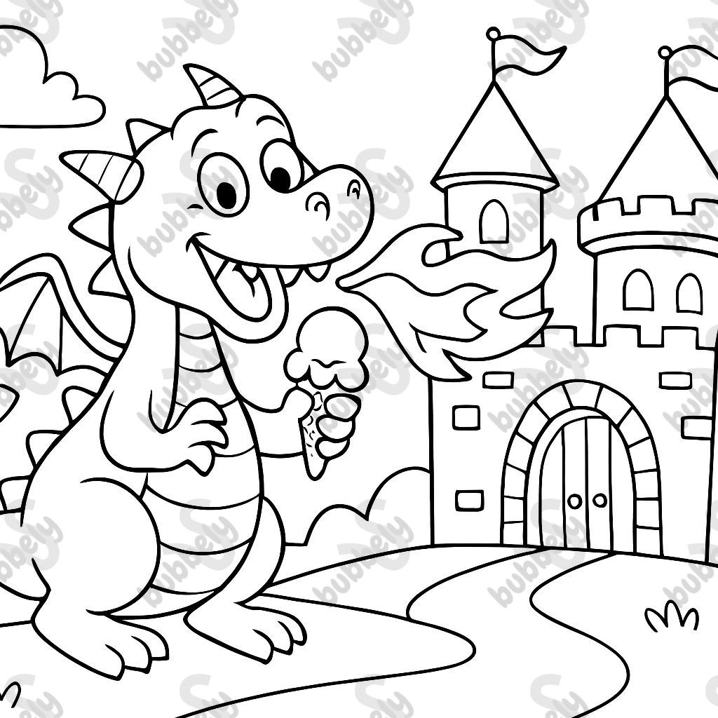 A dragon holding ice cream and breathing flames at a castle.