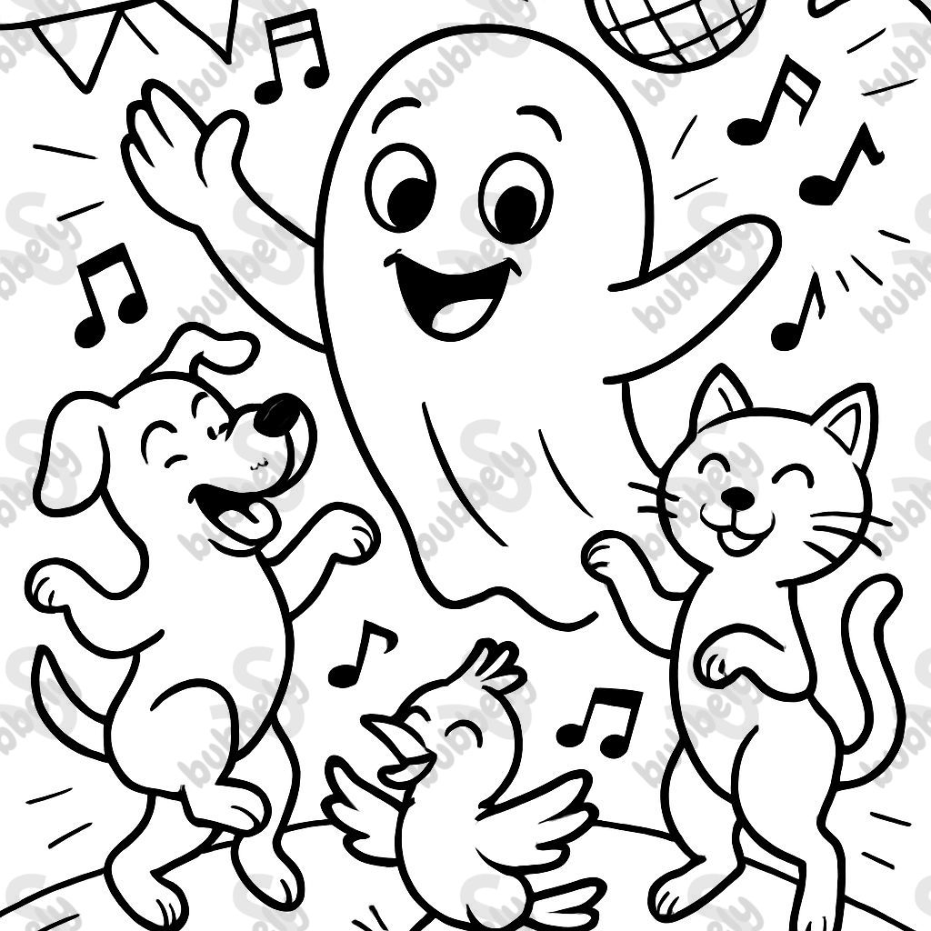 A friendly little ghost having a party with animals and dancing