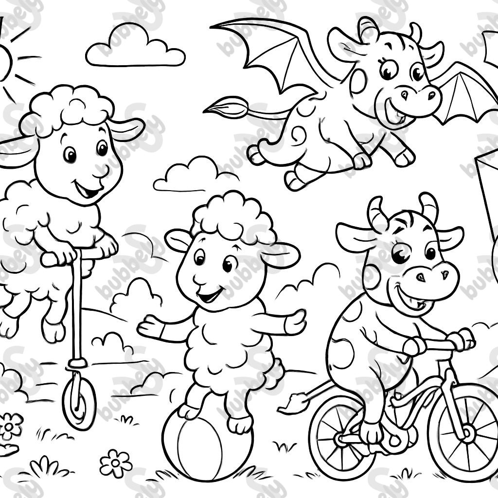 three sheep and three cows doing impossible actions