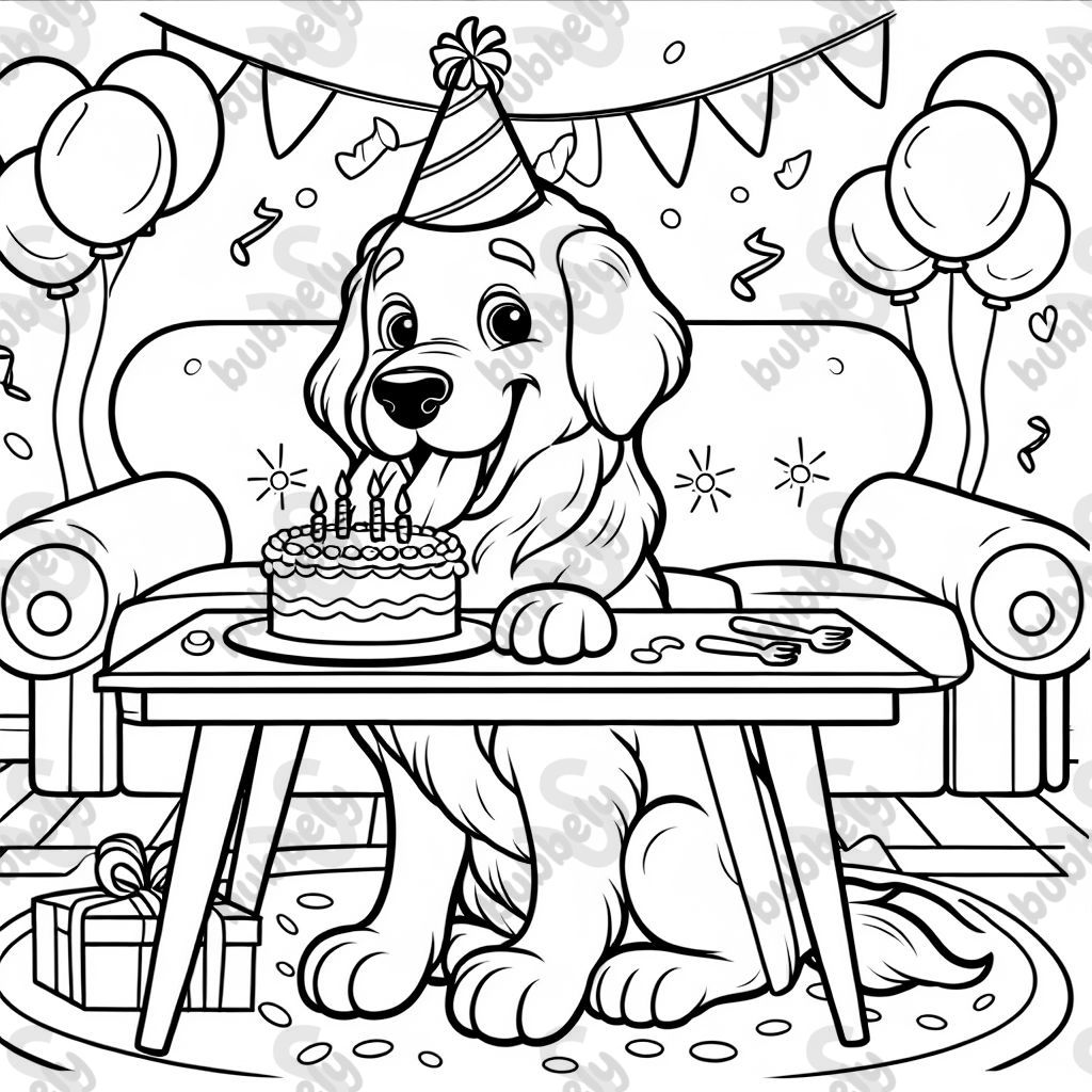 A golden retriever dog at a birthday party.