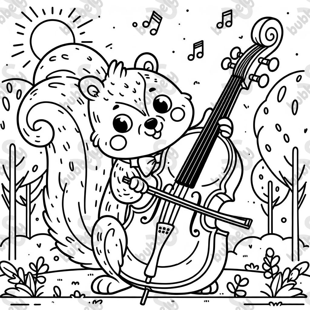 A squirrel playing the cello and holding the bow correctly is a creative and fun theme for a coloring page.
