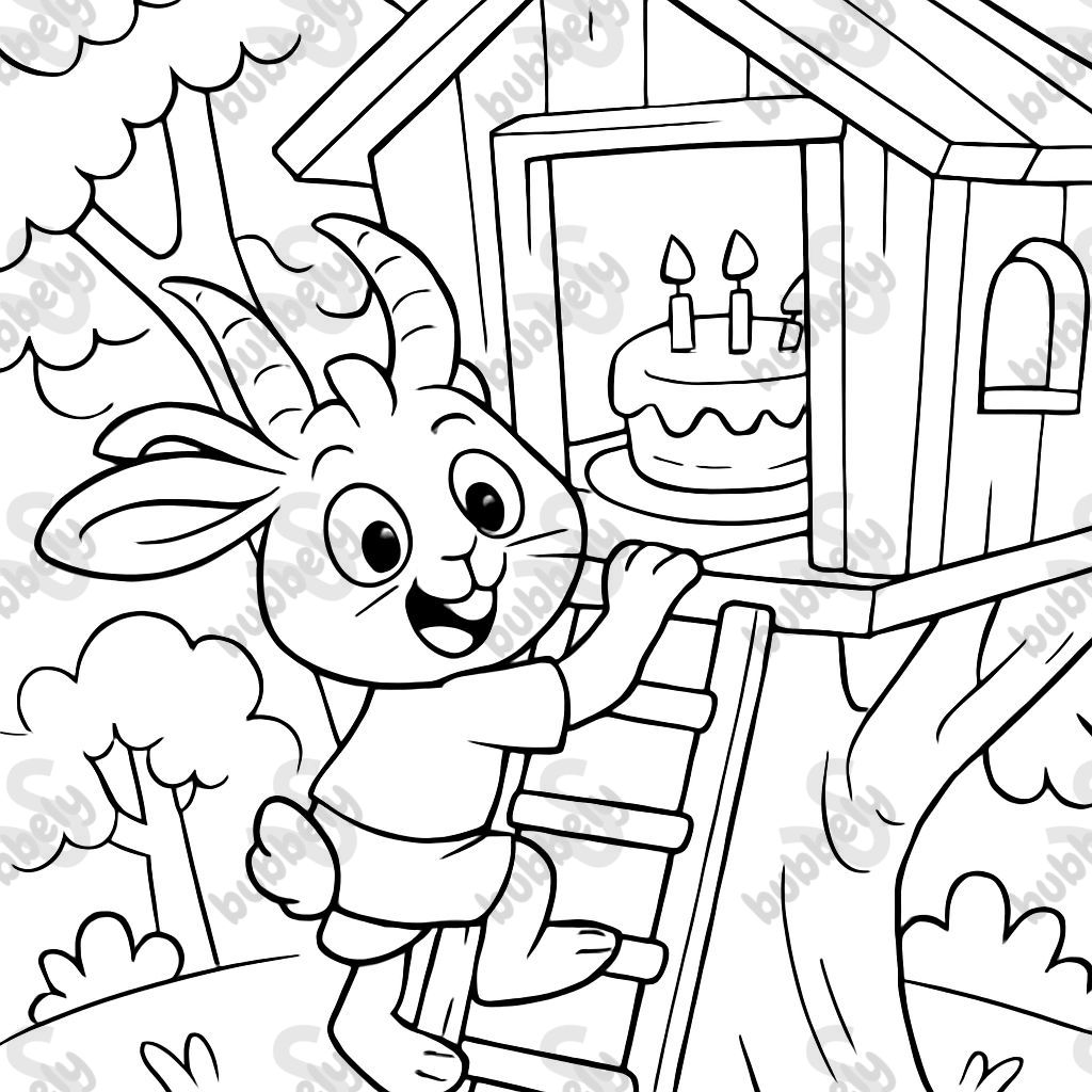 A rabbit with horns climbs in a treehouse and finds a birthday cake