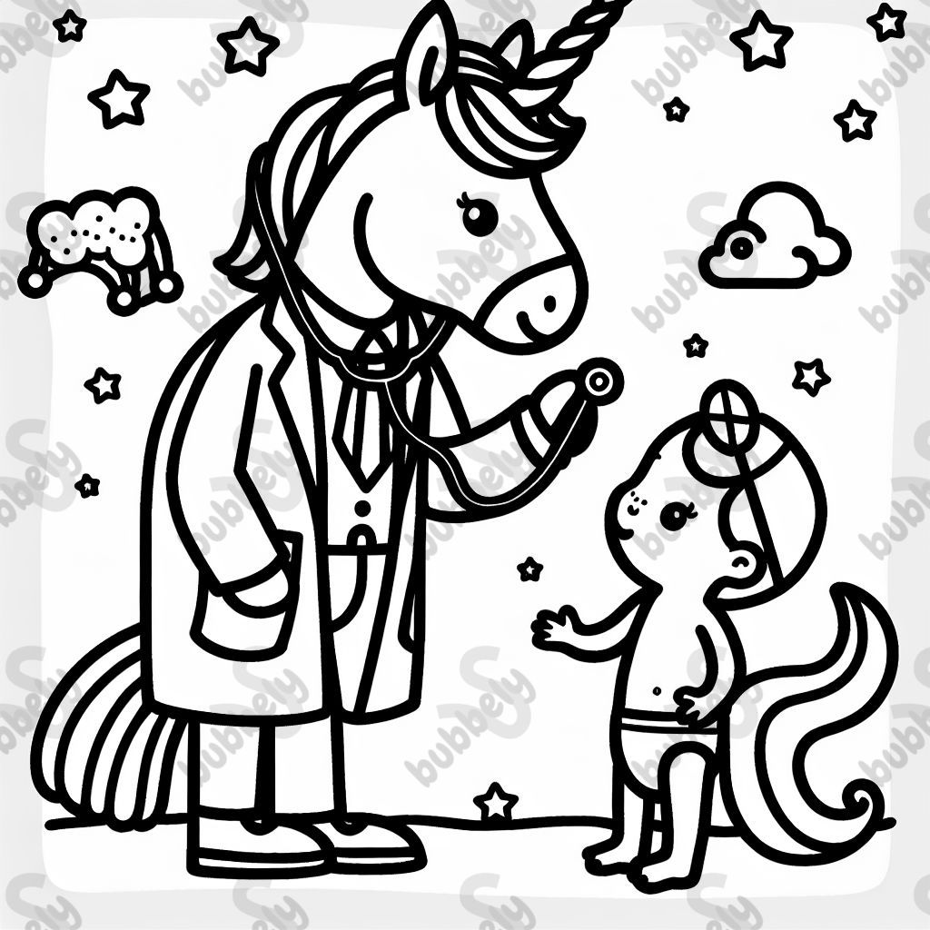 A unicorn doctor with a child