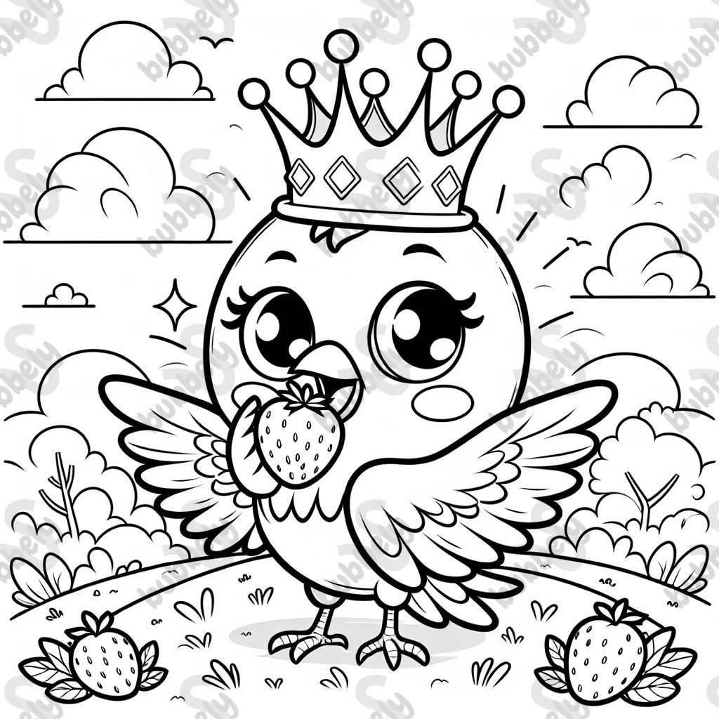 a bird with a strawberry and a crown