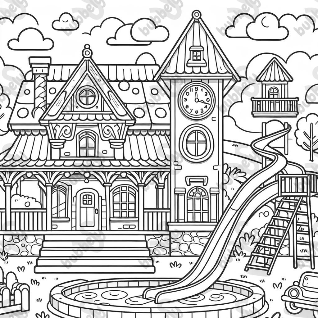 A house that can be printed on landscape setting and has a clock, a playground, stairs, and a slide that leads into a swimming pool. A house that can be printed on landscape setting and has a clock, a playground, stairs, and a slide that leads into a swimming pool.