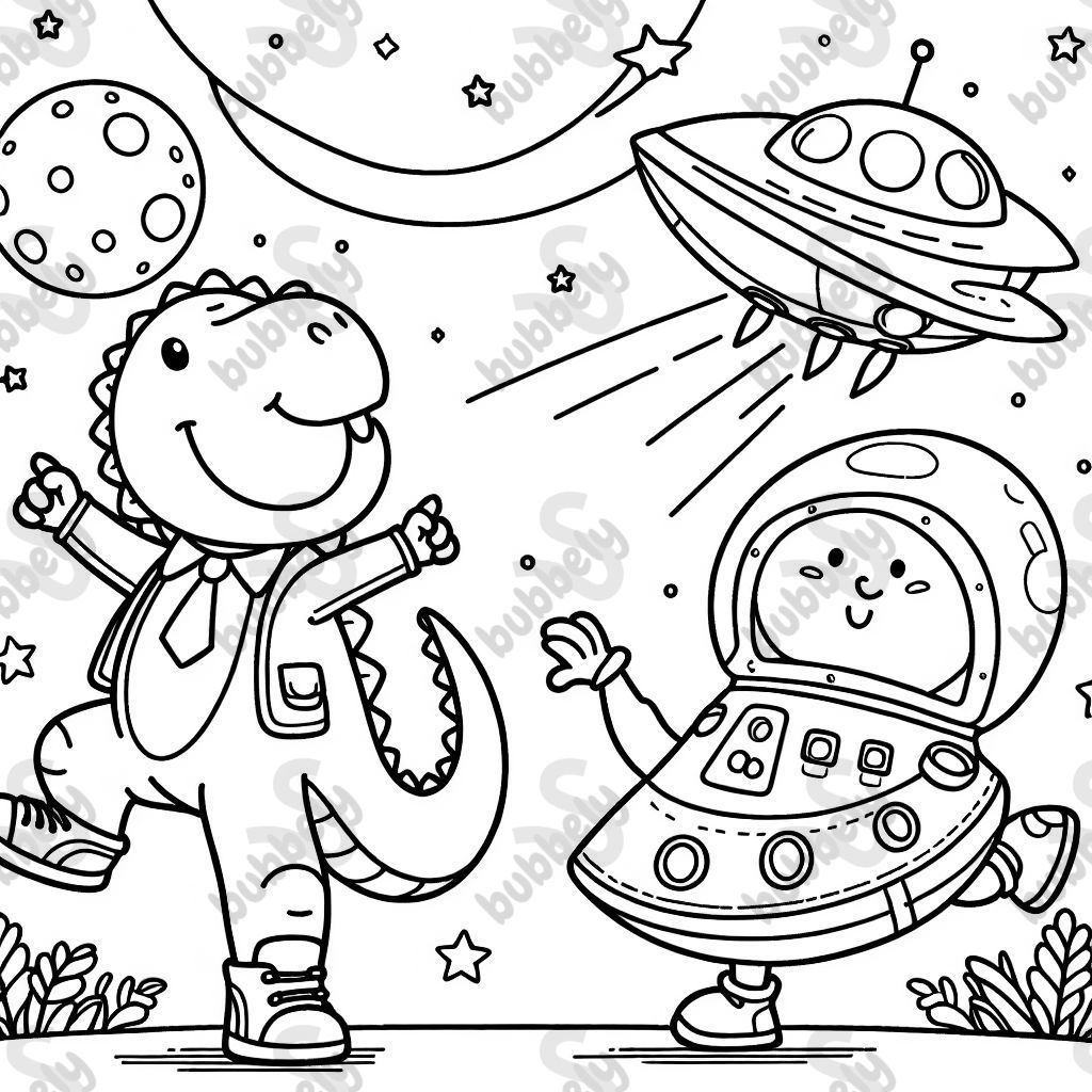 tanzender Dino mit Raumschiff