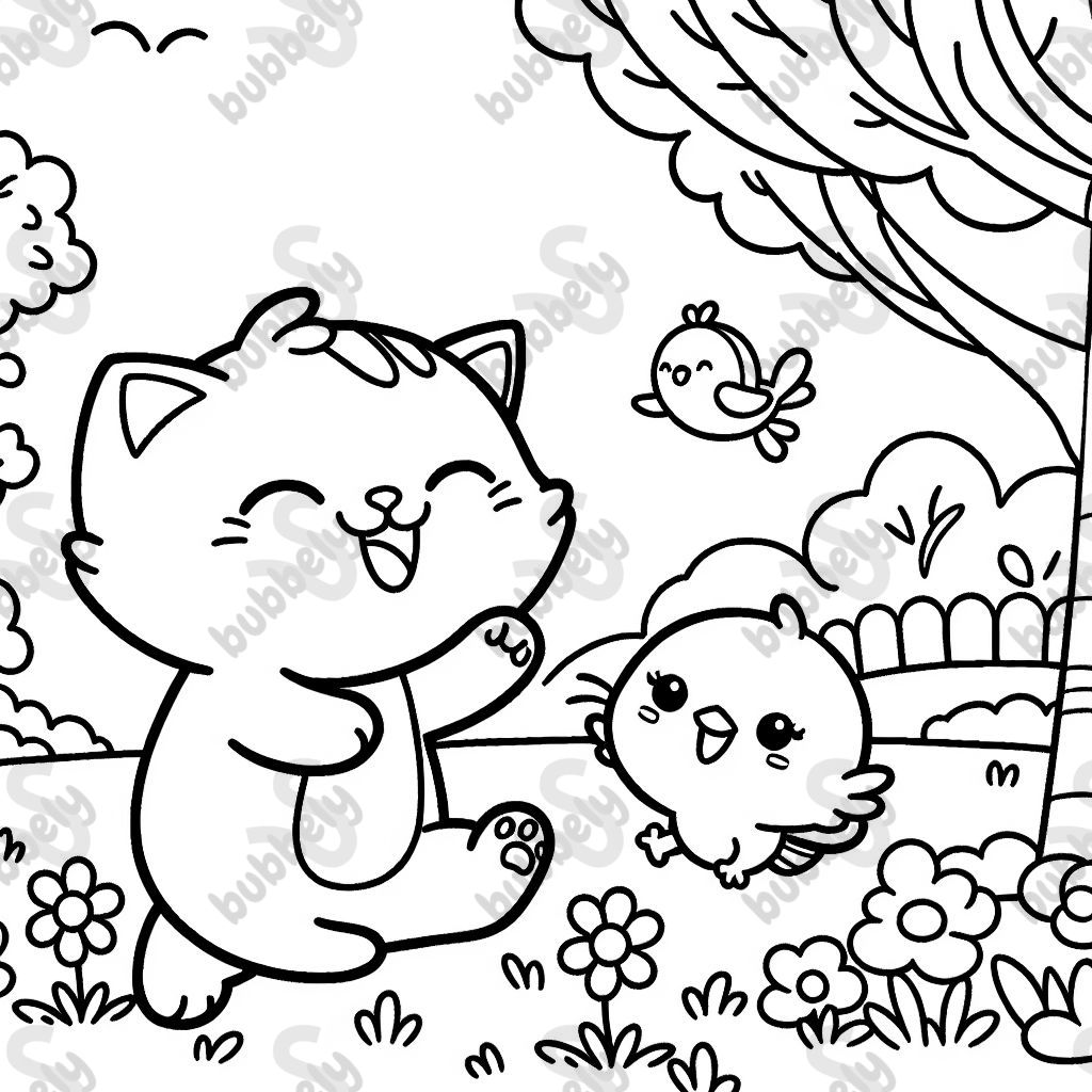 cat and bird fooling around in the park