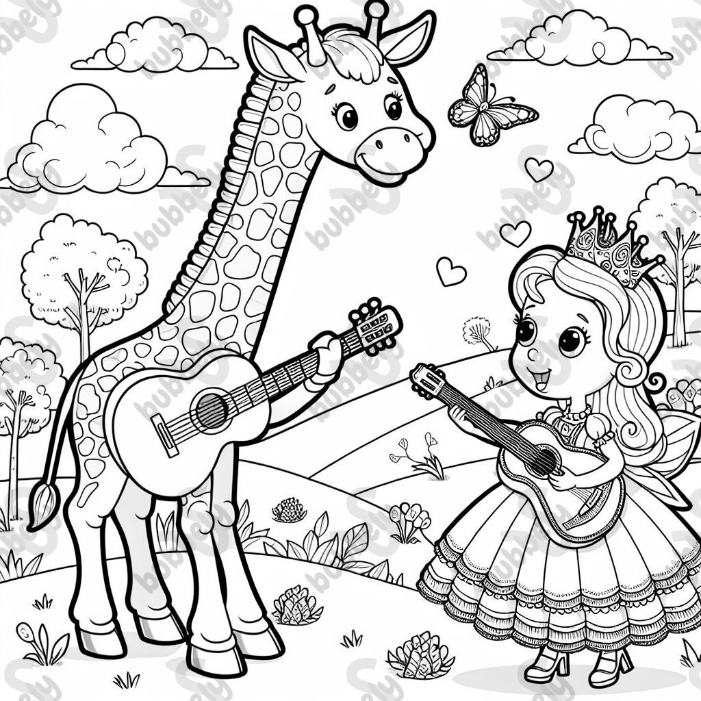 A giraffe and a princess playing guitar.