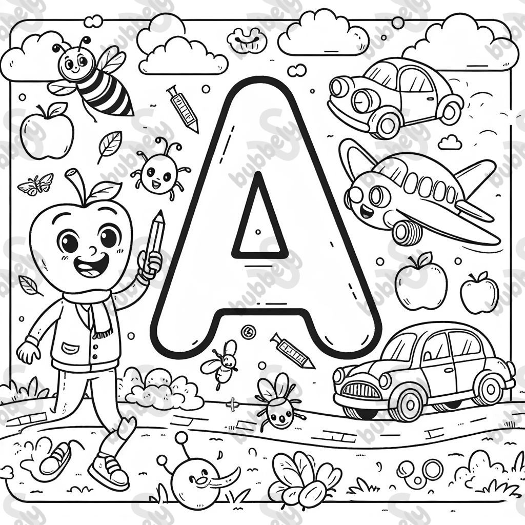 the letter a surrounded by things that start with a