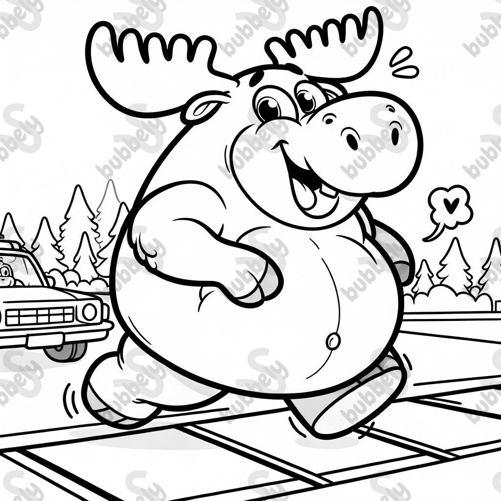 Fat moose crossing the highway smiling with teeth and silly dancing