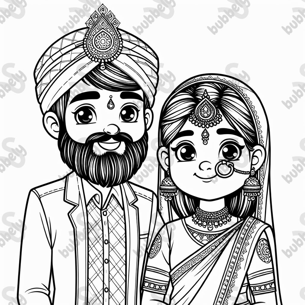 Young indian couple, the man with a beard, on their wedding day