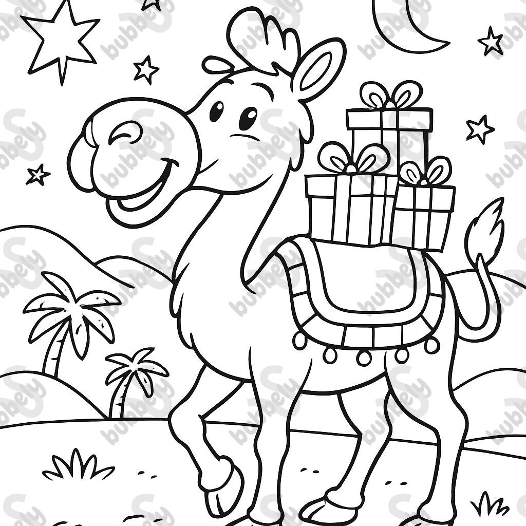 Día de Reyes (Three Kings' Day, Mexico/Spain): A large, friendly Camel wearing a simple, decorated blanket, carrying three small, wrapped gifts on its back. Día de Reyes (Three Kings' Day, Mexico/Spain): A large, friendly Camel wearing a simple, decorated blanket, carrying three small, wrapped gifts on its back.