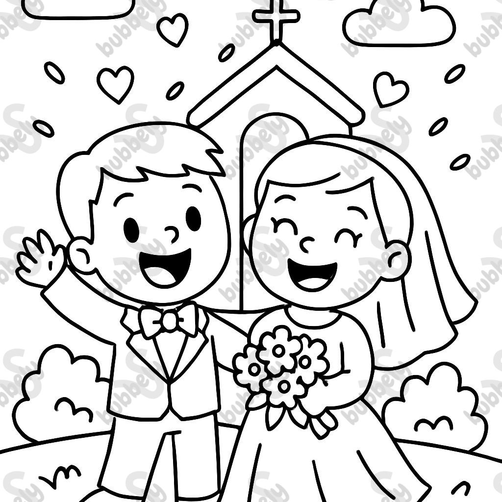 a couple on their wedding day, both with short hair, one wearing a suit and the other wearing a dress