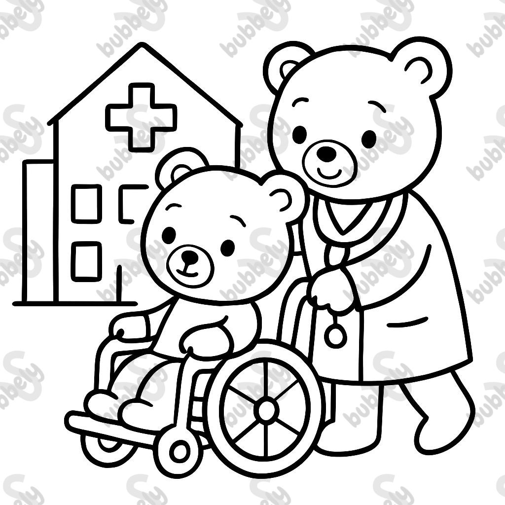 a little bear being rolled to the hospital in a wheelchair by a nice bear doctor