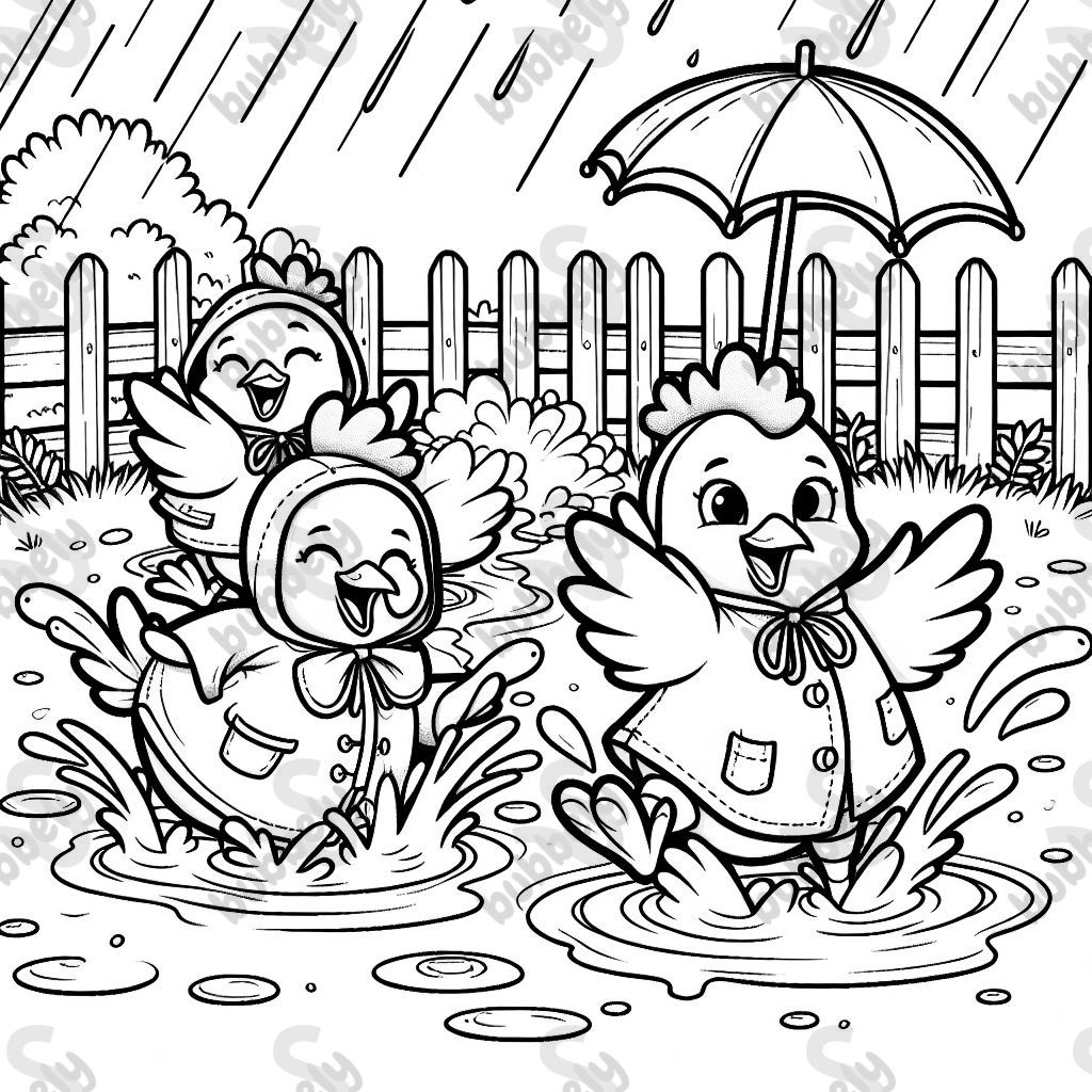 Chickens with raincoats splashing in the mud