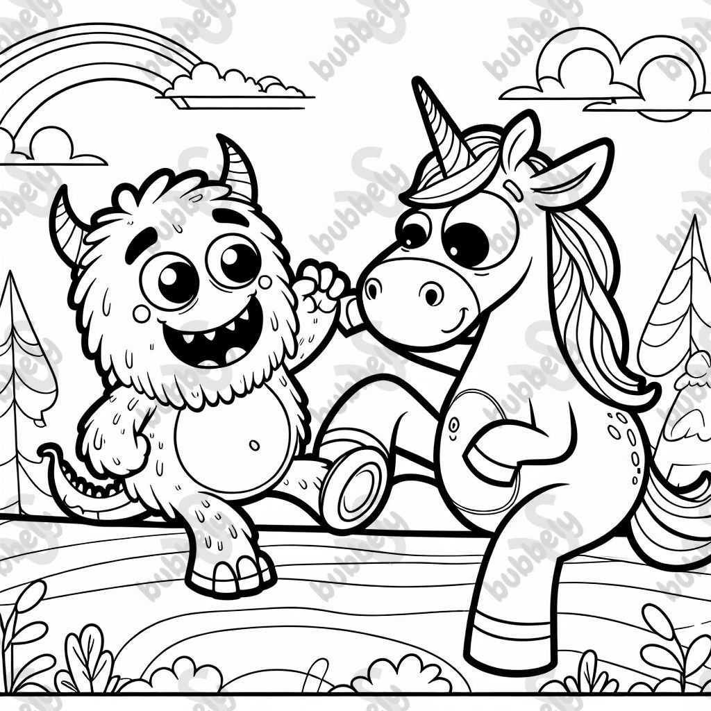 a friendly monster playing with a unicorn