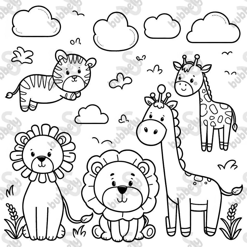 lion, giraffe and zebras in a landscape