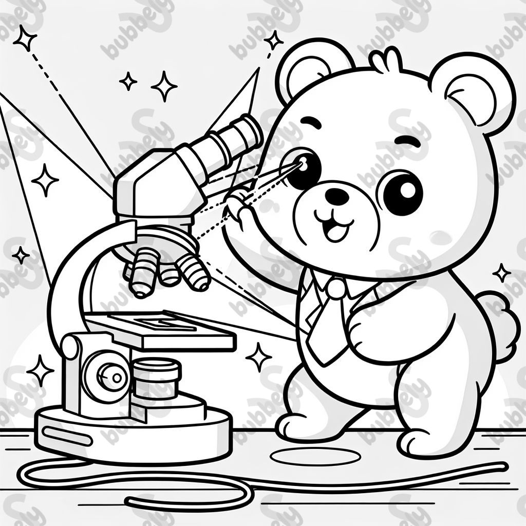 Süßer Bar spielt an einem Mikroskop mit Lasern