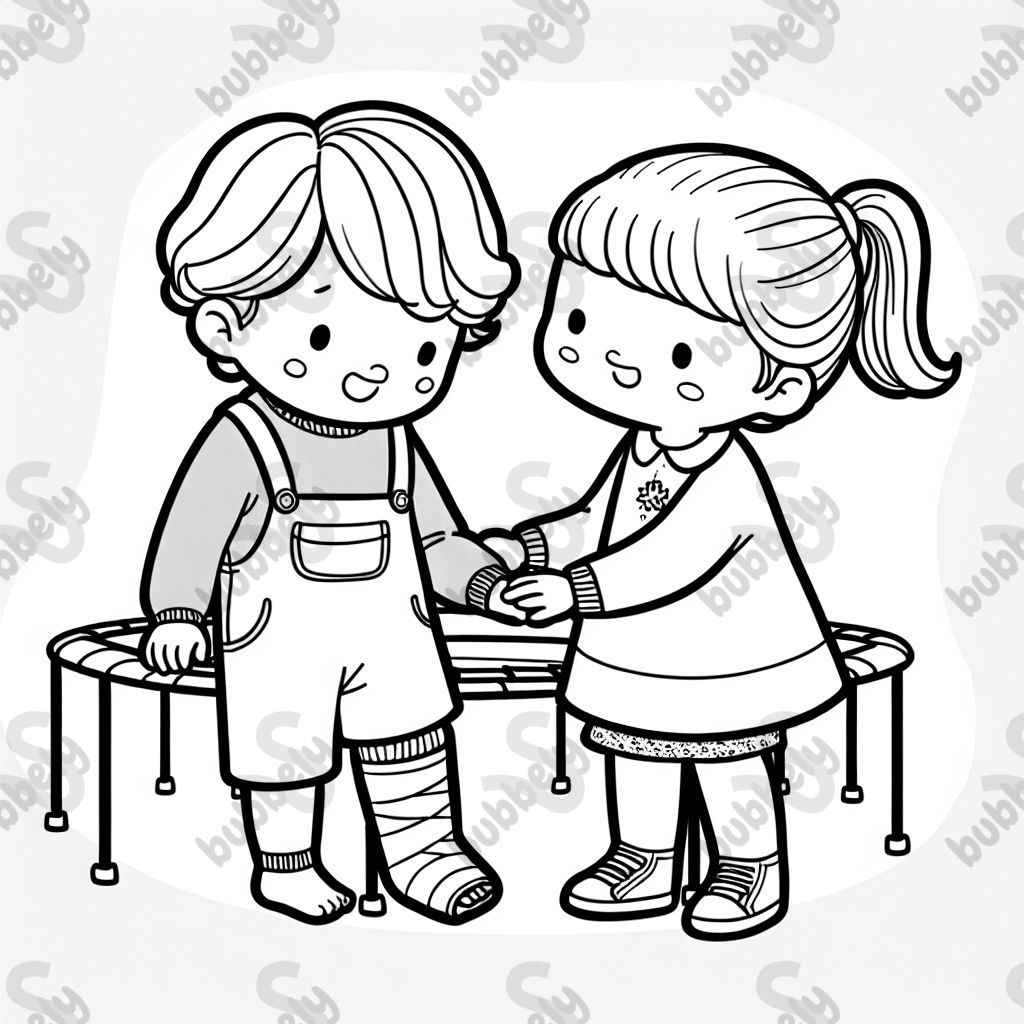 A two-year-old girl with shoulder-length hair in a cast on her right leg being comforted by a five-year-old girl with a ponytail, with a trampoline in the background A two-year-old girl with shoulder-length hair in a cast on her right leg being comforted by a five-year-old girl with a ponytail, with a trampoline in the background