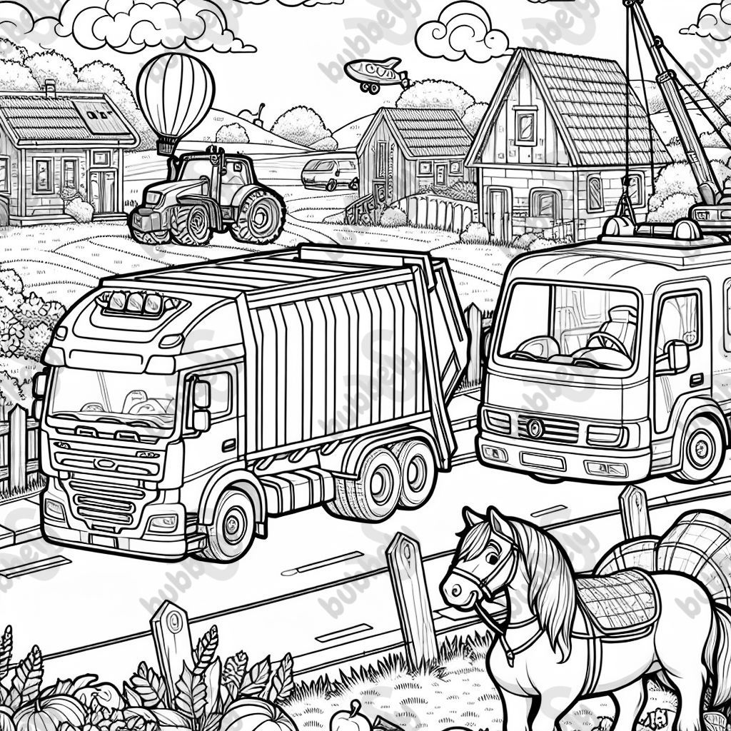  ein Wimmelbild zum Ausmalen für Kinder in der ersten Klasse zum Thema Fahrzeuge. Auf dem Bild sollen ein Müllwagen, ein Lastwagen und eine moderne Pferdekutsche auf der Straße eines Dorfs fahren. Ein Wohnwagen steht auf einer angrenzenden Wiese. Ein Kran arbeitet auf einer Baustelle. Ein Heißluftballon fliegt am Himmel.