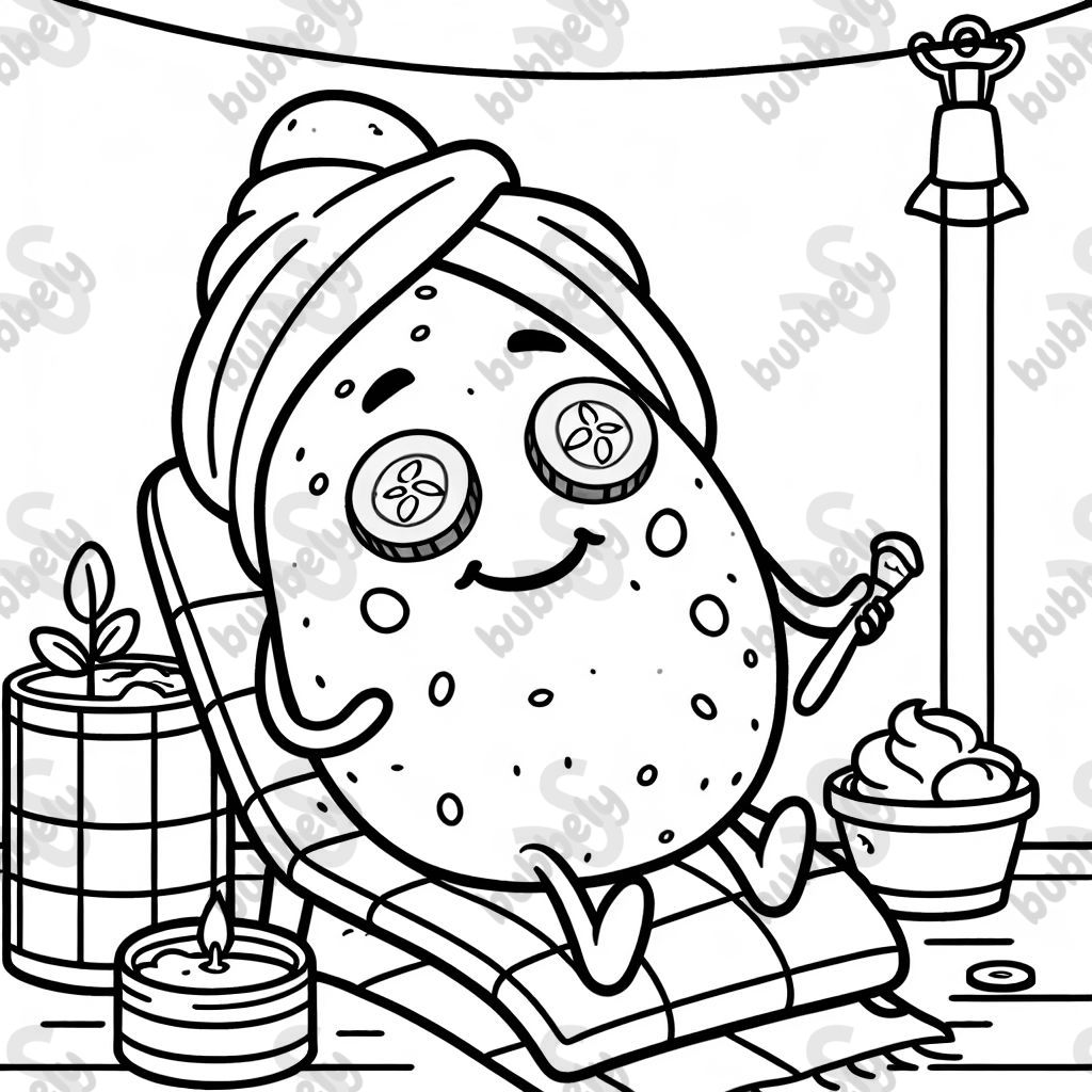 Potato receiving a facial with cucumber on its eyes.