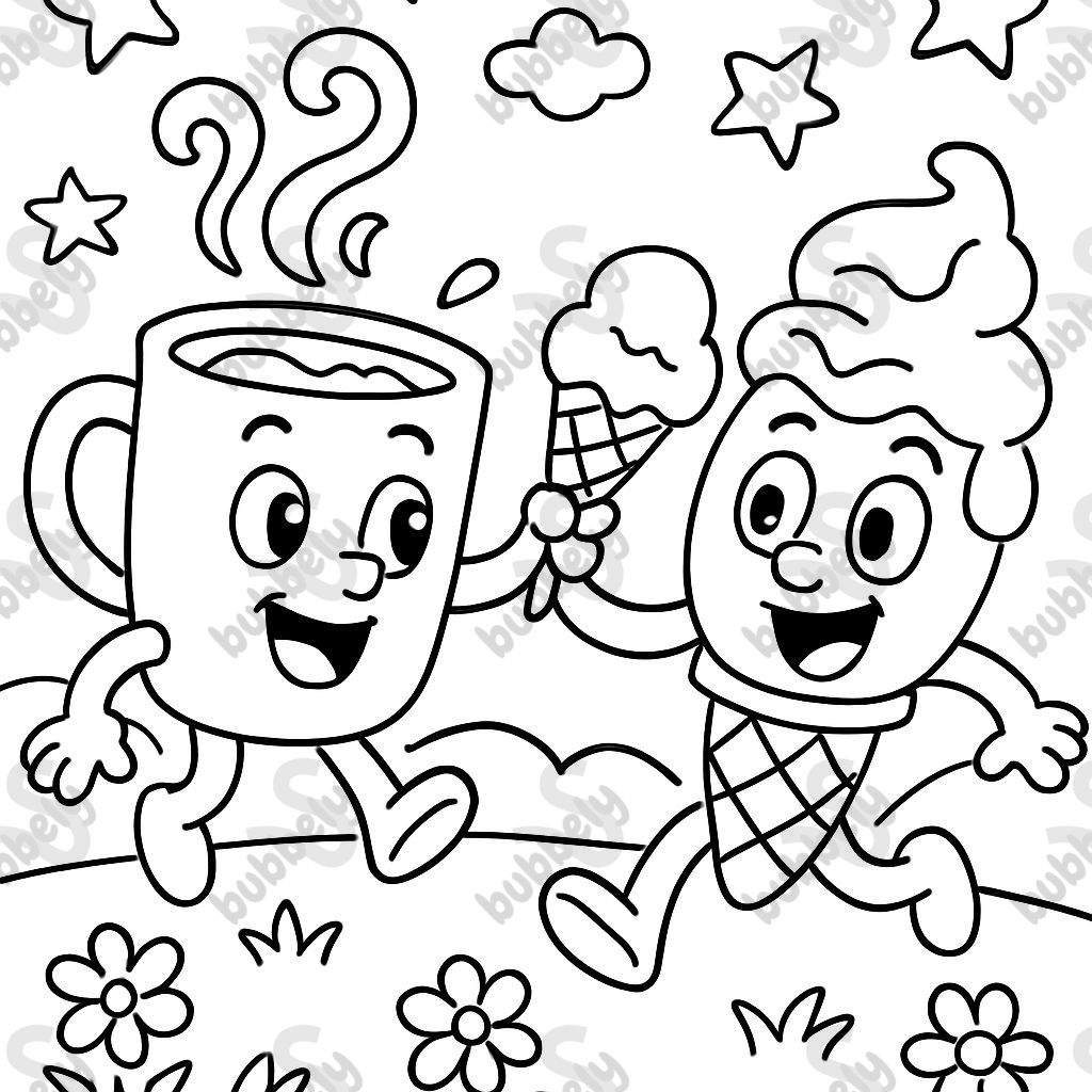 Hot cocoa and ice cream by a meadow with flowers and stars in the sky Hot cocoa and ice cream by a meadow with flowers and stars in the sky