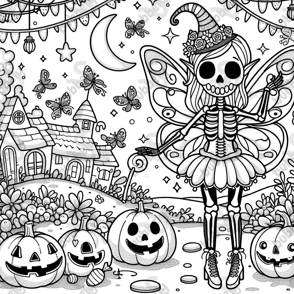 eine Fee im Skelettkostüm im Halloweenland
