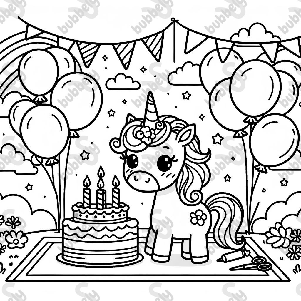 A scene featuring a unicorn at a birthday party, surrounded by colorful balloons.